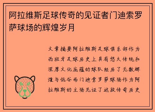 阿拉维斯足球传奇的见证者门迪索罗萨球场的辉煌岁月